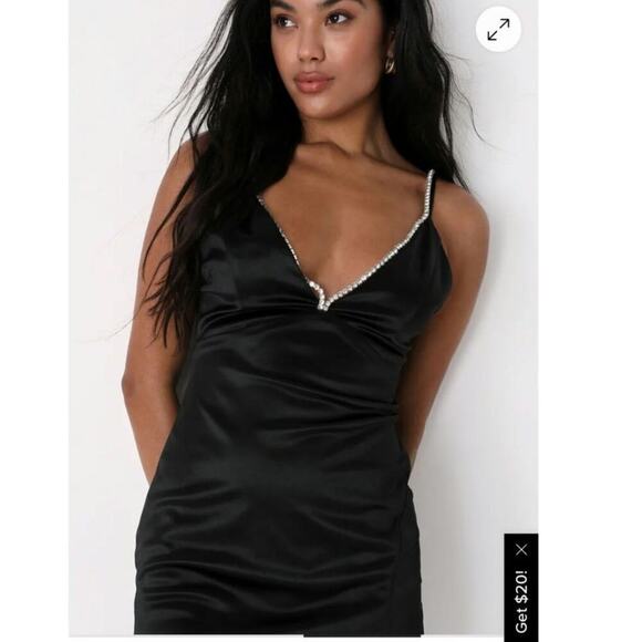 Lulus Treasured Sparkles Black Satin Rhinestone Backless Mini Dress, sz Large - Picture 5 of 16